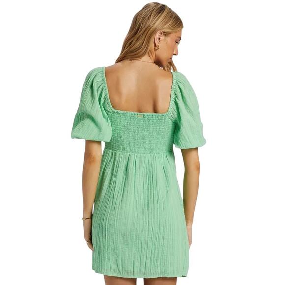 BILLABONG Smocked Dress Small Slime Green Cotton Gauze Puff Sleeve Twist Front - Picture 5 of 6